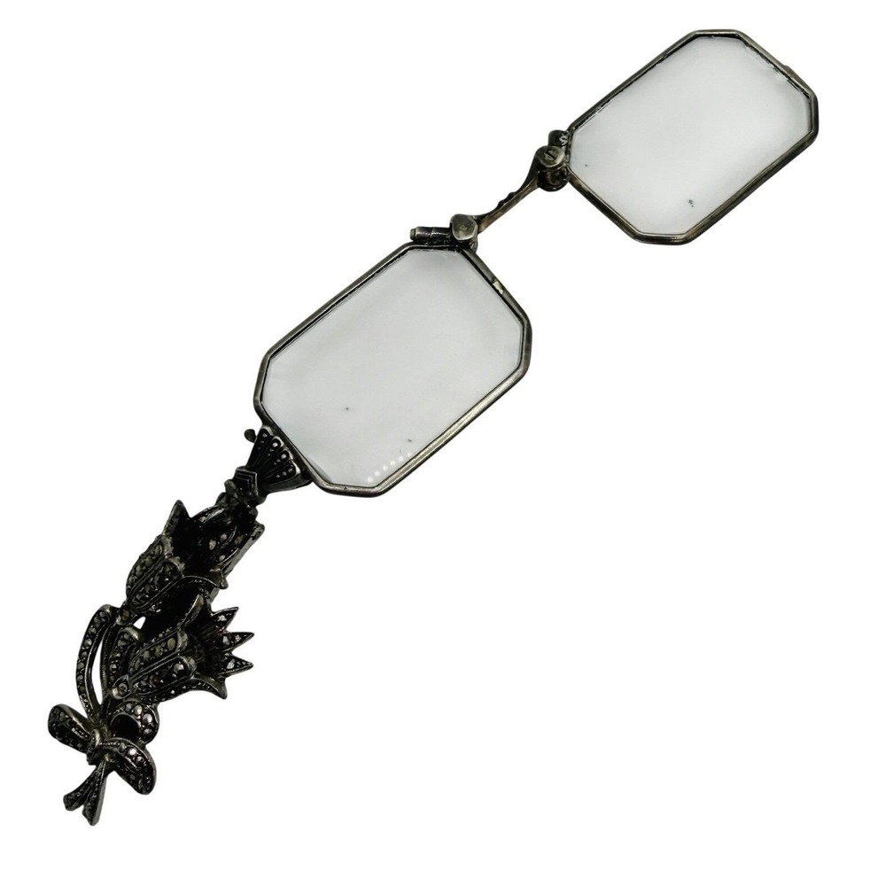 Antique Victorian Silver Lorgnette Folding Opera Glasses Marcasite Floral Handle
